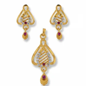 Designer Pendant & Earring Set with Ruby-Tone Accent