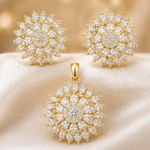 Sunburst CZ Pendant Set with Matching Earrings | Designer Statement Necklace Set for Women