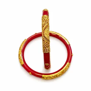Red Pola Bangle Pair with Golden Filigree Design