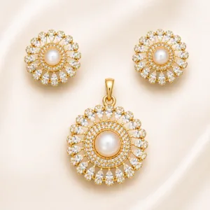 Pearl Radiance Pendant Set with CZ Stones | Elegant Designer Necklace & Earrings Set for Women
