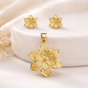 Lotus Petal Design Gold-Tone Pendant Set with Matching Earrings | Jewellery Set for Women