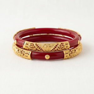 Red Pola Bangle Pair with Golden Filigree Design