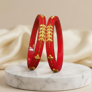 Red Pola Bangle with Gold Leaf Design